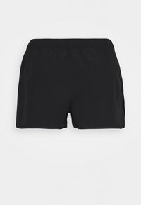 Shorts de sport noirs avec taille élastique, texture de tissu lisse et longueur mi-cuisse.