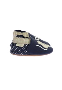 Scarpine per neonati blu navy in pelle con un piccolo ruffles elastico dorato, pois bianchi e un design di gatto sulla punta. Suola morbida per il comfort.