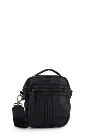 Schwarze Leder-Umhängetasche mit Front-Reißverschlusstasche, oberem Griff, verstellbarem Schultergurt und geprägt "VENEZIA"-Logo vorne unten.