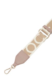 Cinghietto in tela beige con motivi circolari crema, caratterizzato da un'estremità in pelle testurizzata e hardware in metallo dorato.