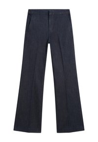 Dark blue denim wide-leg trousers with front pockets, a smooth texture, and a flat front waistband. Features tailored pleats on the legs.