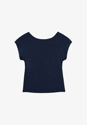 Marineblaue Kurzarmbluse mit weitem Ausschnitt und lockerer Passform. Glatte Textur, hüftlanger Schnitt und keine sichtbaren Muster oder Beschläge.