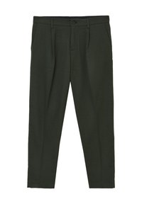 Pantaloni verde scuro con una texture liscia, caratterizzati da un design a gamba dritta, due tasche frontali e una chiusura con bottone in vita.