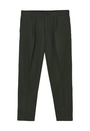 Dunkelgrüne Hose mit glatter Textur, mit einem geraden Bein Design, zwei Fronttaschen und einem Knopfverschluss an der Taille.