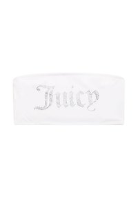 Witte hoofdband van gladde stof, met het woord "Juicy" in zilveren rhinestones, met een vlak ontwerp en geen zichtbare bevestigingen.