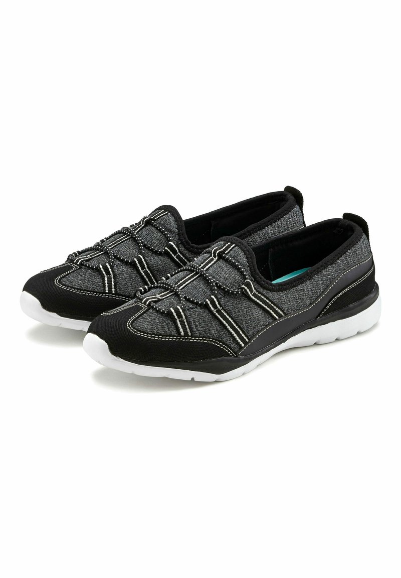 Lightweight black and gray slip-on athletic shoes with white soles and decorative elastic laces, designed for casual wear.