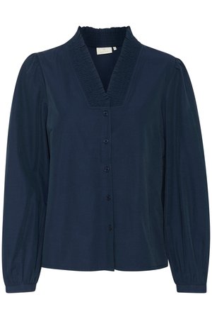 Blusa navy blue con bottoni, colletto pieghettato, maniche lunghe a sbuffo e orlo dritto. Realizzata in un tessuto liscio con una leggera lucentezza.