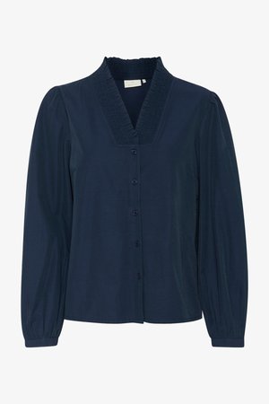 Navy blue button-up blouse with a pleated collar, long puff sleeves, and a straight hem. Made of smooth fabric with a subtle sheen.