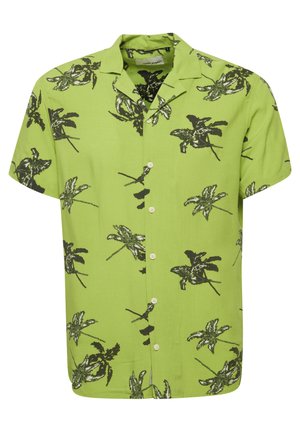 Lyhythihainen paita kirkkaasta vihreästä kankaasta, jossa on mustia ja tummanvihreitä lehtikuvioita, klassisella kauluksella ja nappi-edessä kiinnityksellä.