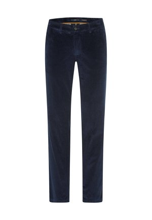 Navycord-Samt-Hosen mit geradem Bein, frontaler Knopfverschluss und leichtem Struktur-Effekt durch das gerippte Material. Keine sichtbaren Muster oder Verzierungen.