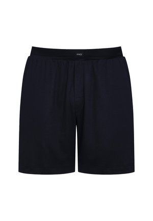 Granatowe męskie szorty bokserskie wykonane z miękkiej bawełny, z elastycznym paskiem w talii i luźnym krojem. Prosty design bez widocznych wzorów.