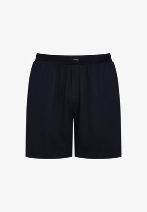 Granatowe męskie szorty bokserskie wykonane z miękkiej bawełny, z elastycznym paskiem w talii i luźnym krojem. Prosty design bez widocznych wzorów.