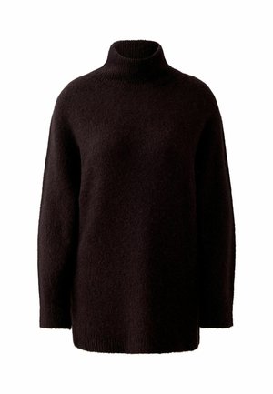 Schwarzer Rollkragenpullover aus weichem, strukturiertem Strickstoff. Hat eine lockere Passform und lange Ärmel. Keine sichtbaren Muster oder Verzierungen.