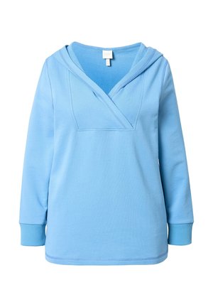 Lyseblå sweatshirt lavet af blød stof, med en crossover-halsudskæring, lange ærmer og ribbede manchetter. Glat tekstur med minimal detaljering.