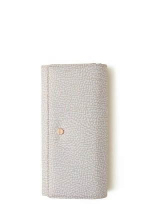 Beige textured rectangular wallet with a small round gold button clasp, photographed on a white background.