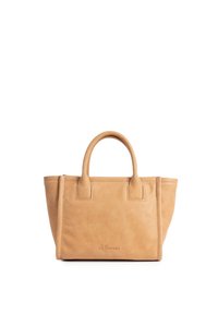 Tan leren tote bag met een gestructureerd ontwerp, korte handvatten en zichtbare stikdetails. Heeft een minimalistisch logo aan de voorkant.