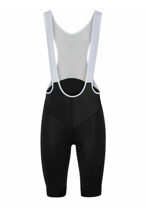 Black cycling bib shorts with white mesh shoulder straps and padded seat area, displayed on a white background.