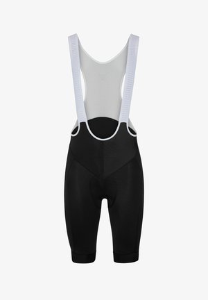 Cuissards à bretelles de cyclisme noirs avec bretelles en maille blanche sur les épaules et zone assise rembourrée, présentés sur un fond blanc.