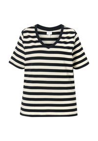 Gestreept t-shirt met korte mouwen, voorzien van zwarte en crèmekleurige horizontale lijnen, een v-halsontwerp en een relaxte pasvorm in een zachte stof.
