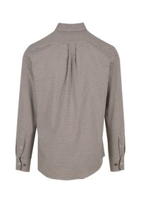 Langärmliges Hemd mit einem braun-beigen Karo-Muster, aus einem leichten Stoff mit strukturiertem Kragen und knöpfbaren Manschetten.