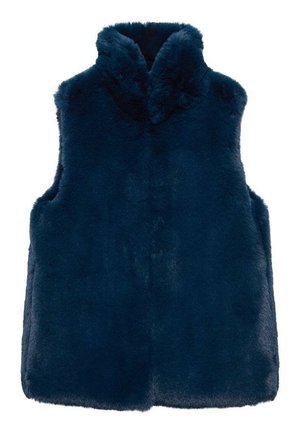 Marineblå ærmeløs vest i imiteret pels med høj krave, blød tekstur og enkelt design, vist fladt mod en hvid baggrund.