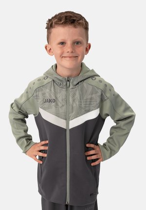 Felpa con zip grigia e verde, decorata con un motivo geometrico, un accento bianco e hardware rotondo. Presenta una zip frontale e un cappuccio.