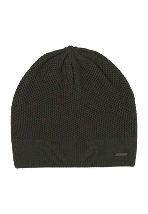 Dark brown knitted beanie with a textured pattern and a ribbed band at the bottom, showing a small rectangular metal brand tag.