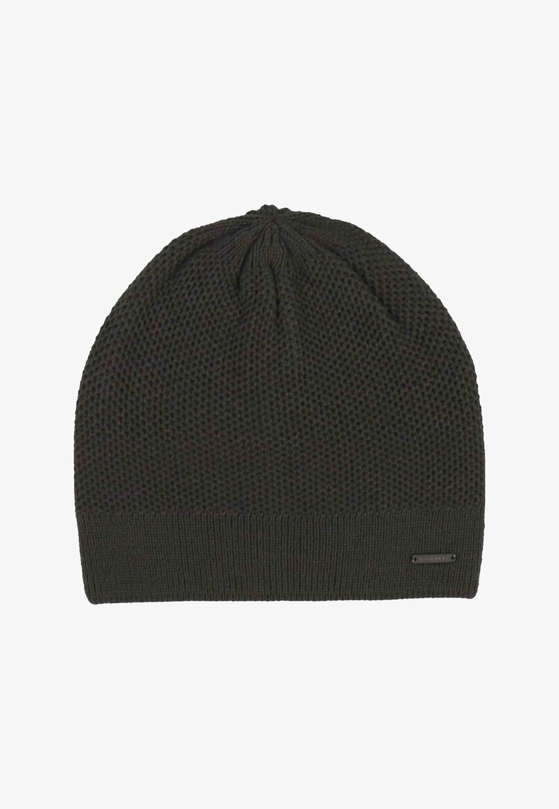 Dark brown knitted beanie with a textured pattern and a ribbed band at the bottom, showing a small rectangular metal brand tag.
