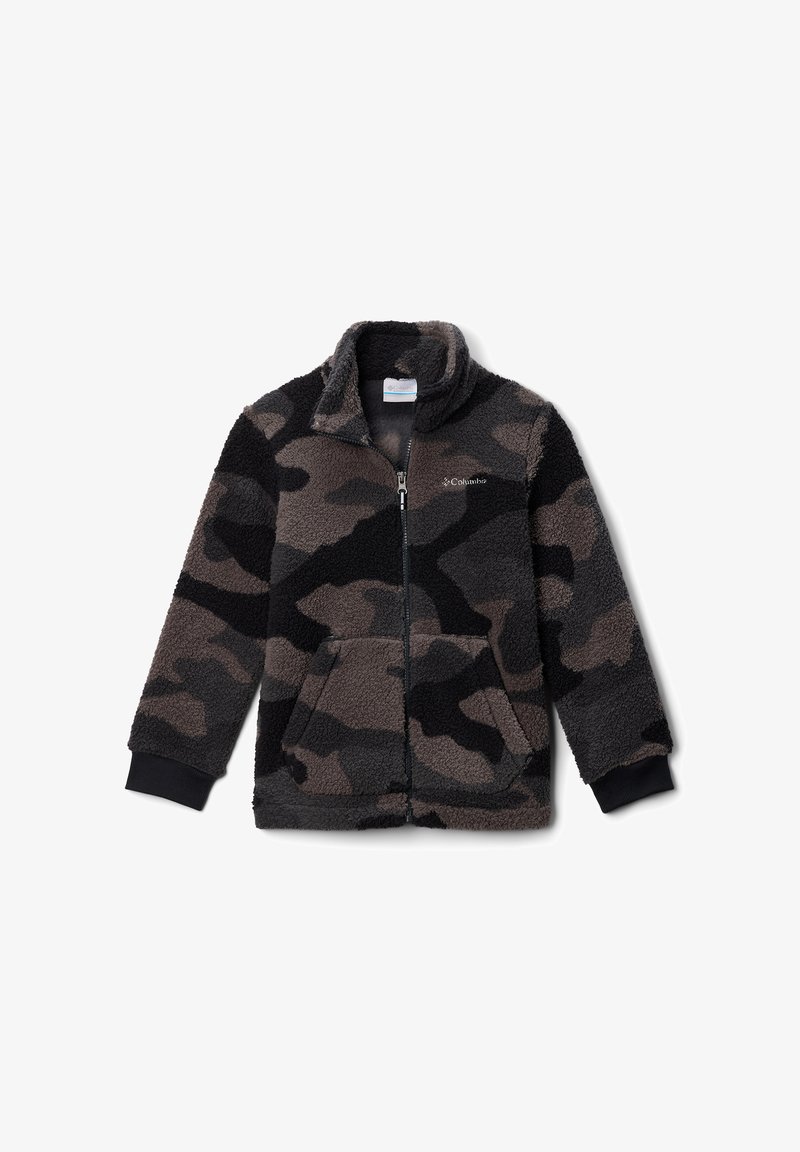 Giacca in felpa con zip in un motivo camouflage nero e grigio. Presenta un colletto rialzato e due tasche frontali. Tessuto morbido e testurizzato.