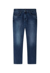 Dunkelblaue Jeans aus Denim mit geradem Beinschnitt, versehen mit Fronttaschen, dezentem Ausbleichen und klassischem Knopfverschluss.