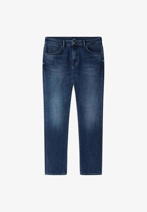 Dark blue denim jeans with a straight-leg design, featuring front pockets, subtle whiskering, and a classic button-fly closure.