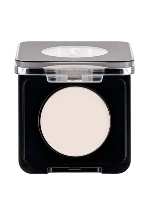 Compact black powder makeup case with transparent lid and light beige pressed powder inside.