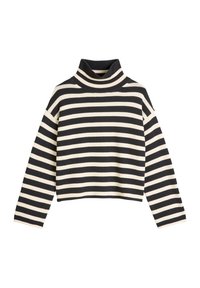 Gestreifter Rollkragenpullover mit schwarzen und cremfarbenen horizontale Streifen, geripptem Textur und cropped Design. Lange Ärmel und taillierter Kragen.