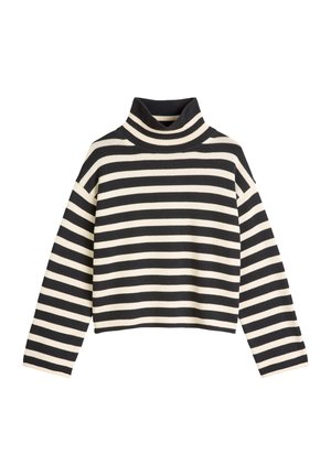 Gestreifter Rollkragenpullover mit schwarzen und cremfarbenen horizontale Streifen, geripptem Textur und cropped Design. Lange Ärmel und taillierter Kragen.