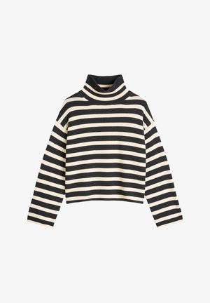 Maglione a collo alto a righe con strisce orizzontali nere e crema, dalla texture a coste e dal design cropped. Maniche lunghe e colletto aderente.