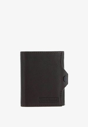 Brown leather wallet with textured surface, button closure, and embossed brand logo on the front. Compact and folded design.