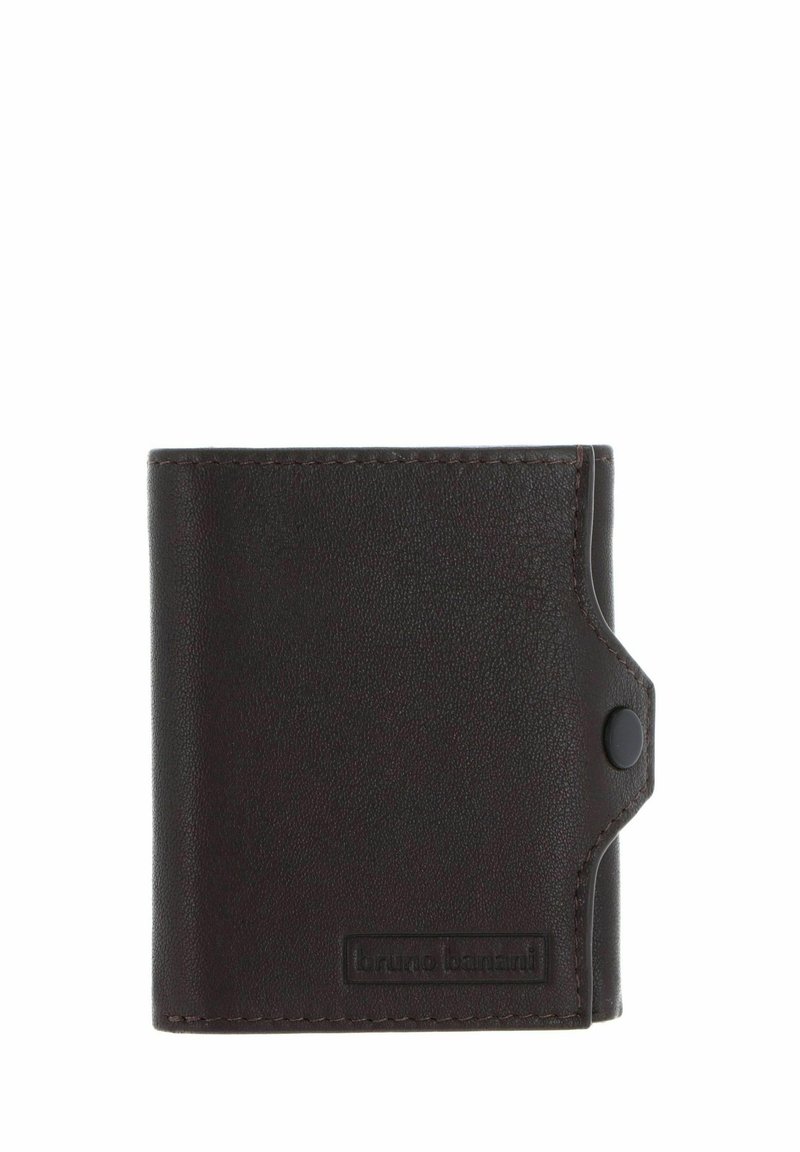 Brown leather wallet with textured surface, button closure, and embossed brand logo on the front. Compact and folded design.