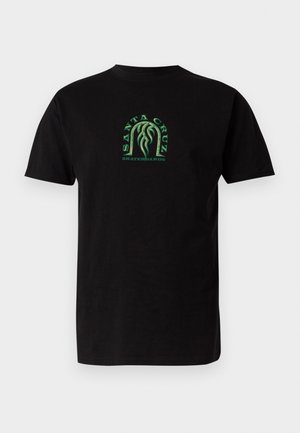 Czarna koszulka z krótkim rękawem z zielonym logo "Santa Cruz Skateboards" i stylizowanym wzorem palmy umieszczonym na środku klatki piersiowej.