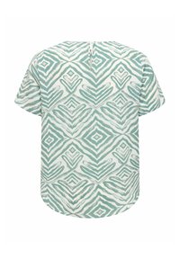 T-shirt à manches courtes en teal atténué avec un motif en diamant et zigzag, encolure ronde et détail de fermeture éclair au dos. Tissu texturé.