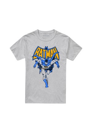 Gray T-shirt featuring Batman in blue and gray costume running forward with yellow "BATMAN" text above him.