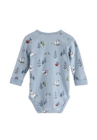 Långärmad babybodysuit i ljusblått, med lekfulla tryck av skogs djur och tecknade figurer, tillverkad av mjukt bomullsmaterial.