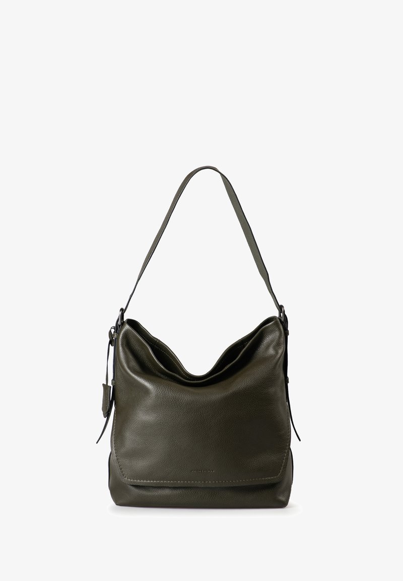 Borsa a spalla in pelle verde oliva con un design morbido e sformato, dotata di una tracolla regolabile e dettagli di cucitura sottili.