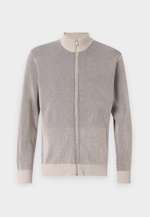 Zip-up cardigan in textured knit fabric, featuring a high collar, long sleeves, and a striped pattern in beige and navy.