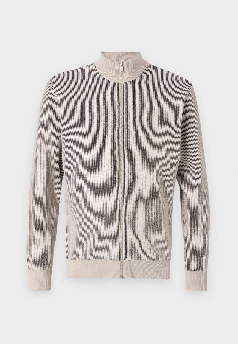 Cardigan con zip in tessuto a maglia testurizzata, con colletto alto, maniche lunghe e un motivo a strisce beige e blu navy.