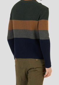 Knitted sweater featuring a ribbed texture with horizontal stripes in dark green, brown, grey, and navy blue, with a crew neckline.