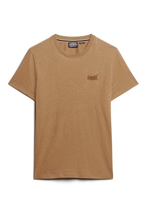 T-shirt in cotone marrone con maniche corte, collo rotondo e logo ricamato sul lato sinistro del petto. Texture liscia e vestibilità casual.