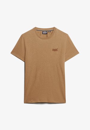 T-shirt in cotone marrone con maniche corte, collo rotondo e logo ricamato sul lato sinistro del petto. Texture liscia e vestibilità casual.