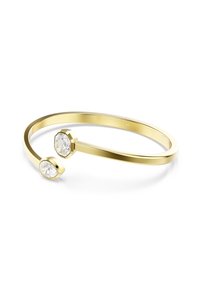 Gouden armband-ringstijl met twee ovale, heldere edelstenen, één aan elke kant, met een gladde, gepolijste oppervlakte.