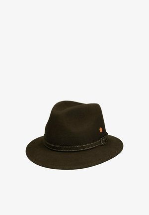 Dark brown felt fedora with a wide brim, a stitched leather band with a buckle, and a small round metallic emblem on the side.