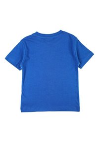 T-shirt bleu en coton avec manches courtes, col rond et texture lisse. Vue de dos sans impressions ni motifs.